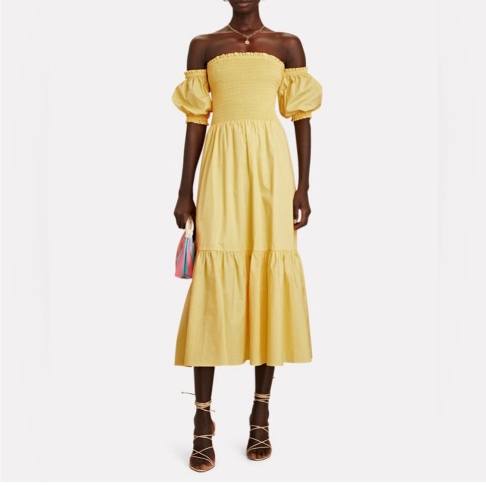 Yellow Off the Shoulder Puff Sleeve Intermix Midi Dress